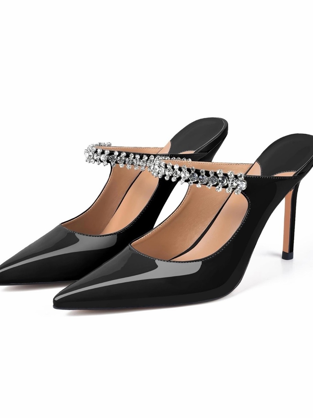 Black Rhinestone-Embellished Patent Leather Mules